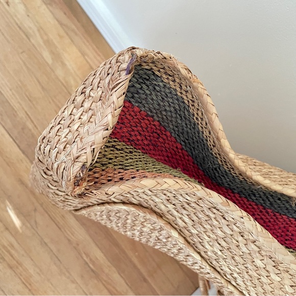 Vtg WOVEN Bag Rare Wicker Briefcase Satchel Button Leather Strap Colored Panels - Picture 6 of 11